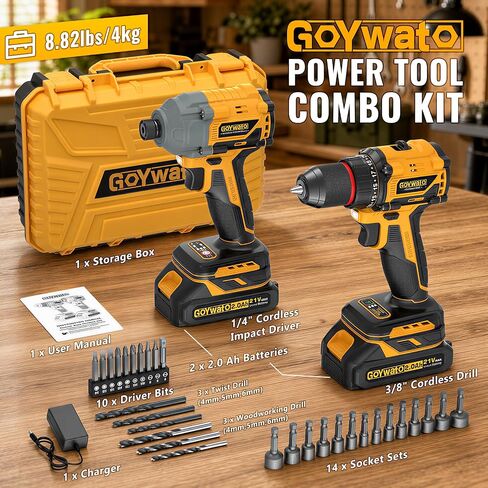 Power Tool Combo Kits - 21V Brushless 3/8" Cordless Drill and 1/4" Impact Driver Combo Set with 2 x 2.0Ah Batteries & Charger & Sockets Sets & Driver Bits & Drill Bits for Home Projects & DIY in Kuwait