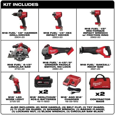 Milwaukee M18 FUEL 18-Volt Lithium-Ion Brushless Cordless Combo Kit with Two 5.0 Ah Batteries, 1 Charger, 2 Tool Bags (7-Tool) in Kuwait