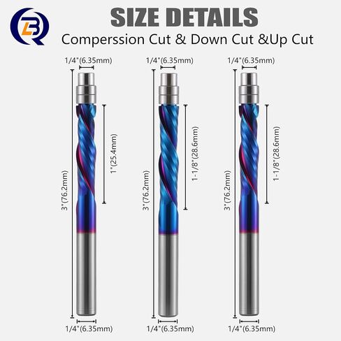 3 PCS Spiral Flush Trim Router Bit Set,1/4" Shank, Nano Blue Coated,Compression Router Bit Downcut & Upcut Bits for Wood Trimming Edge Cleaning﻿ in Kuwait