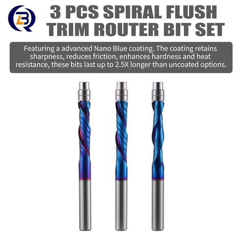 3 PCS Spiral Flush Trim Router Bit Set,1/4" Shank, Nano Blue Coated,Compression Router Bit Downcut & Upcut Bits for Wood Trimming Edge Cleaning﻿ in Kuwait