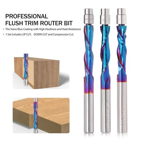 3 PCS Spiral Flush Trim Router Bit Set,1/4" Shank, Nano Blue Coated,Compression Router Bit Downcut & Upcut Bits for Wood Trimming Edge Cleaning﻿ in Kuwait