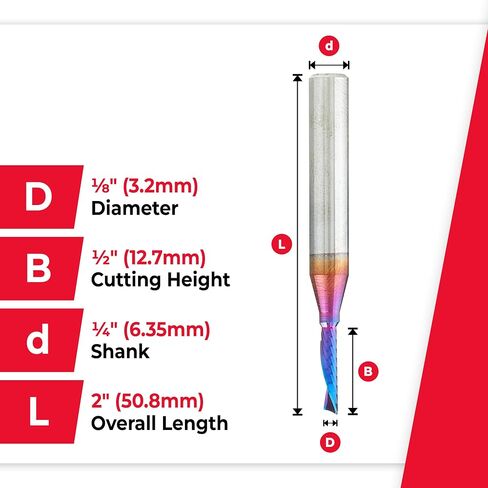 Amana Tool Spektra Coated Solid Carbide CNC Spiral Single O-Flute Router Bit for Plastic Down-Cut, 51511-K, 1/8 D x 1/2 CH x 1/4 SHK x 2 Inch L in Kuwait