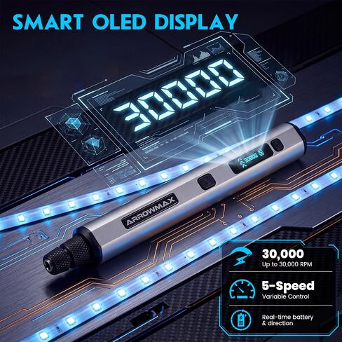 AM ARROWMAX 5-Speed Mini Cordless Rotary Tool Kit with OLED, 30000 RPM | Engraver Tool with 30 Bits, Engraving Pen for Metal Wood Glass Plastic, Engraver Kit Craft Gift for for Teens Adults Beginne in Kuwait