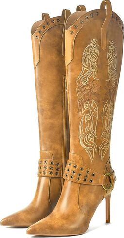 JANSEVEN Western Boots for Women Knee High Cowboy Boots with Embroidered Cowgirl Boot Stiletto High Heel Boot Pointed Toe Side Zipper 3.5 Inches Fashion Boots in Kuwait