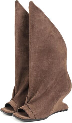 Women's Open Toe Wedge Boots Fold Over Knee High Pull On Tall Dress Boots Slouchy Peep Toe Wedge Heel Booties in Kuwait