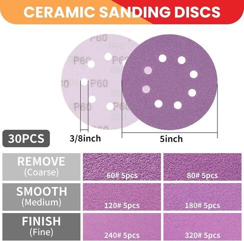 5 Inch Replacement Sander Pad Compatible with Craftsman, Ridgid, Ryobi, With 4 Hook & Loop Orbital Sander Foam Pad + 30 Ceramic Sanding Discs (60-320 Grit) for Metal/Wood/Paint Removal in Kuwait