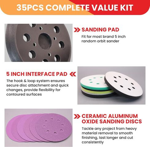 5 Inch Replacement Sander Pad Compatible with Craftsman, Ridgid, Ryobi, With 4 Hook & Loop Orbital Sander Foam Pad + 30 Ceramic Sanding Discs (60-320 Grit) for Metal/Wood/Paint Removal in Kuwait