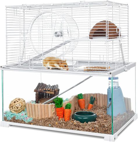 OIIBO 3 Tiers Large Hamster Cages Glass, Heightened Wire Topper with Two Shelf and Two Ladders Ramps, Openable Top, Easy to Clean Removeable Waterproof PVC Tray Medium in Saudi Arabia