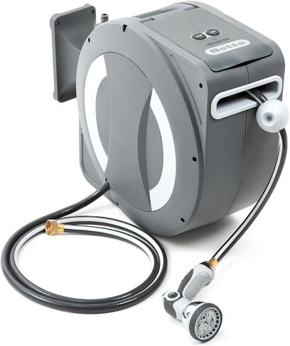 Betta EaseReel Battery-Powered Wall-Mounted Retractable Hose Reel, with Quick-Access Dual Hose Length Control, 8 Spray Patterns Nozzle, Automatic Roll-Up & Tangle-Free Hose Guide (1/2'', 78FT/23m) in Kuwait