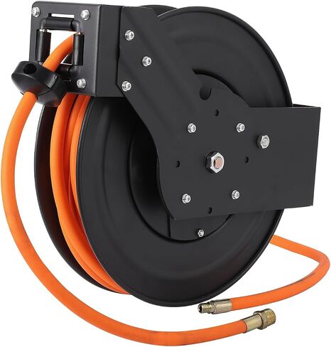 Heavy Duty Retractable Air Hose Reel – 1/4" x 50ft Hybrid Air Compressor Hose, Dual Arm, Auto Rewind, 300 PSI, Steel Reel, Ceiling/Wall Mount, Swivel Bracket, Perfect for Garage & Workshop in Saudi Arabia