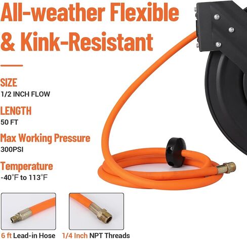 Heavy Duty Retractable Air Hose Reel – 1/4" x 50ft Hybrid Air Compressor Hose, Dual Arm, Auto Rewind, 300 PSI, Steel Reel, Ceiling/Wall Mount, Swivel Bracket, Perfect for Garage & Workshop in Saudi Arabia