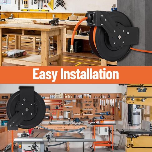 Heavy Duty Retractable Air Hose Reel – 1/4" x 50ft Hybrid Air Compressor Hose, Dual Arm, Auto Rewind, 300 PSI, Steel Reel, Ceiling/Wall Mount, Swivel Bracket, Perfect for Garage & Workshop in Saudi Arabia