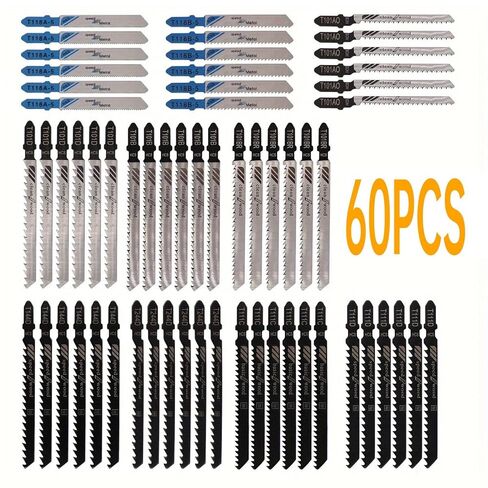 60Pcs Jigsaw Blades Set, Contractor Assorted T Shank Jig Saw Blades, Multi-Purpose HCS/HSS Blades for Cutting Wood/Plastic/PVC/Metal (T118A T118B T101AO T101D T101B T101BR T144D T244D T111D T111C) in Kuwait