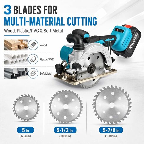6 Inch Cordless Mini Circular Saw Brushless Motor | 2 Batteries & Charger, 3 Saw Blades Included (5", 5-1/2", 6"), Compact Saw for Wood, Plastic & Metal Cutting in Kuwait