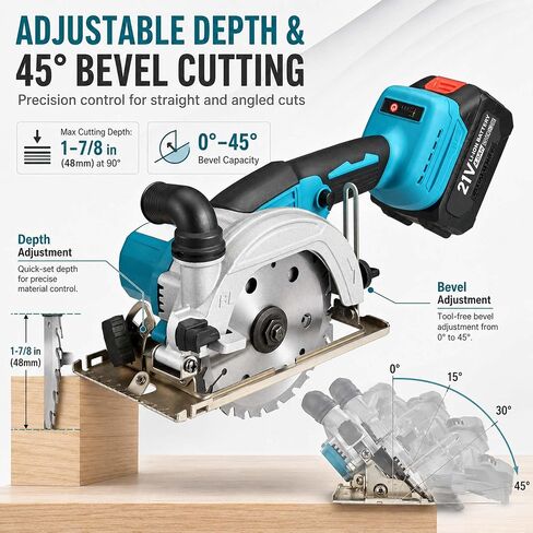 6 Inch Cordless Mini Circular Saw Brushless Motor | 2 Batteries & Charger, 3 Saw Blades Included (5", 5-1/2", 6"), Compact Saw for Wood, Plastic & Metal Cutting in Kuwait