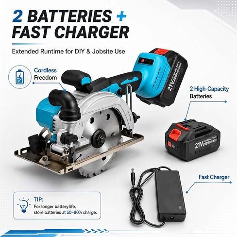 6 Inch Cordless Mini Circular Saw Brushless Motor | 2 Batteries & Charger, 3 Saw Blades Included (5", 5-1/2", 6"), Compact Saw for Wood, Plastic & Metal Cutting in Kuwait