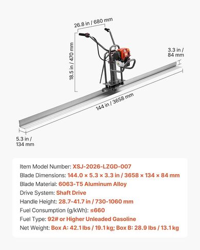 VEVOR Concrete Power Screed Gas-Powered Leveling Tool 12 ft Aluminum Board, 1.16HP Engine, 4 Stroke Vibrating Screed, Handle Height Adjustable, Support Legs for Patio, Driveway, Floor Finishing in Kuwait