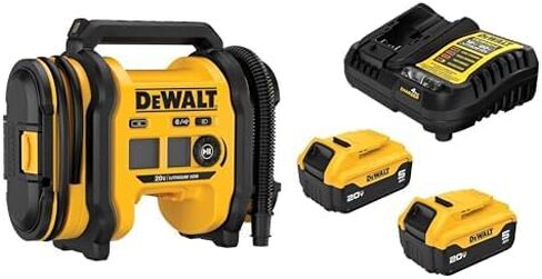 Bundle of DEWALT Tire Inflator Portable Air Compressor 20V MAX, Air Pump, Tool Only (DCC020IB) + DEWALT 20V MAX Lithium-Ion Battery 2-Pack and Charger, 5.0 Ah, Battery Kit (DCB205-2c) in Kuwait