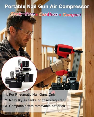 Cordless Portable Air Compressor Pump for Pneumatic Nail Guns, Tank-Free Mini Air Compressor Fit for Miwoqi 18V Batteries (Battery&Nail Gun Not Included), Mobile Air Supply for Trim & Woodworking in Kuwait