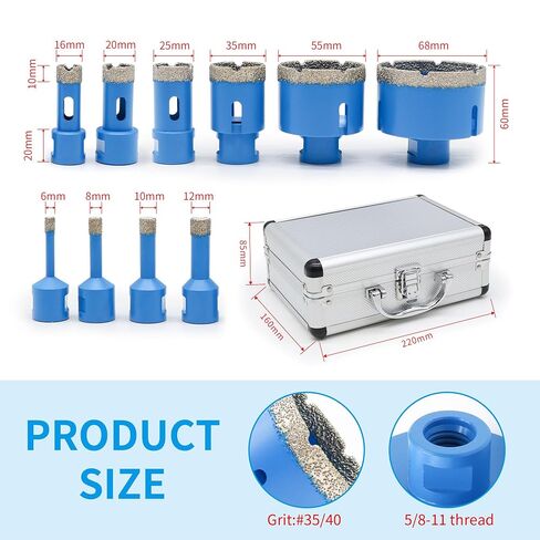 Diamond Hole Saw Drill Bits Set,Diamond Core Drill Bits Set | 5/8-11 Thread 6/8/10/12/16/20/25/35/55/68mm for Tile Porcelain, Marble, Granite, Stone Triangle Shank with Storage Case 10pcs in Kuwait
