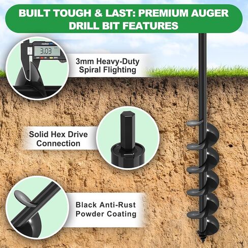 SELEWARE Auger Drill Bit for Planting 4x32 Garden Auger for 3/8" Hex Drive | Full Welded Steel Plant Auger, Bulb Planter Tool, Black Auger Post Hole Digger for Bulbs, Flowers, Fence Posts in Kuwait