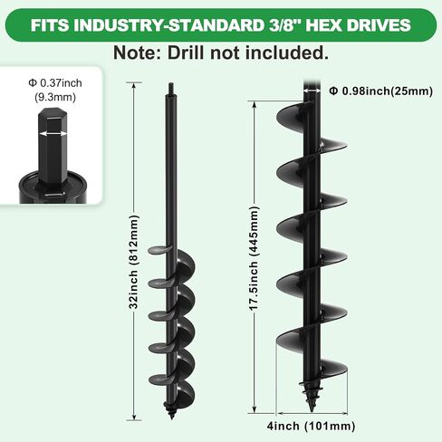 SELEWARE Auger Drill Bit for Planting 4x32 Garden Auger for 3/8" Hex Drive | Full Welded Steel Plant Auger, Bulb Planter Tool, Black Auger Post Hole Digger for Bulbs, Flowers, Fence Posts in Kuwait