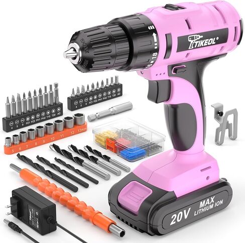 20V Cordless Pink Drill Set with Battery & Charger, 2-Speed Power Drill for Women, Pure Copper Motor, 250 In-lbs, 3/8" Keyless Chuck, Tool Kit for Home DIY（Pink） in Kuwait