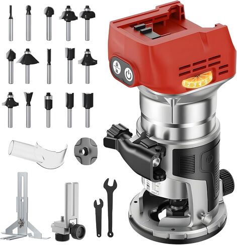 Cordless Router Tool Compatible with Milwaukee 18V Battery, 800W 28000 RPM Brushless Wood Router with 6-Speed Control, Aluminum Base, Depth Adjustment, 15 Router Bits, for Woodworking(Tool Only) in Kuwait