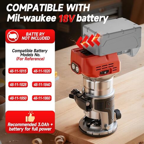 Cordless Router Tool Compatible with Milwaukee 18V Battery, 800W 28000 RPM Brushless Wood Router with 6-Speed Control, Aluminum Base, Depth Adjustment, 15 Router Bits, for Woodworking(Tool Only) in Kuwait
