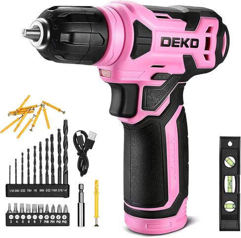 DEKOPRO 8V Cordless Drill, Drill Set with 3/8"Keyless Chuck, 42pcs Acessories, Built-in LED, Type-C Charge Cable, Pink Power Drills for Drilling and Tightening/Loosening Screws (Renewed) in Kuwait