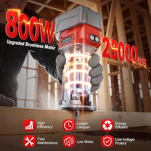 Cordless Router Tool Compatible with Milwaukee 18V Battery, 800W 28000 RPM Brushless Wood Router with 6-Speed Control, Aluminum Base, Depth Adjustment, 15 Router Bits, for Woodworking(Tool Only) in Kuwait