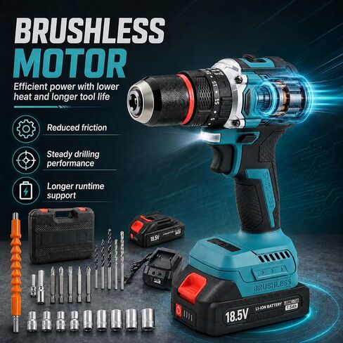 Brushless Cordless Drill Set, 1/2" Metal Chuck | Drill Driver Kit with 2 Batteries, Fast Charger, 550 In-lbs Torque, 35+3 Clutch, 2-Speed Power Drill for Home DIY in Kuwait
