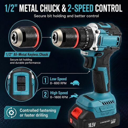 Brushless Cordless Drill Set, 1/2" Metal Chuck | Drill Driver Kit with 2 Batteries, Fast Charger, 550 In-lbs Torque, 35+3 Clutch, 2-Speed Power Drill for Home DIY in Kuwait
