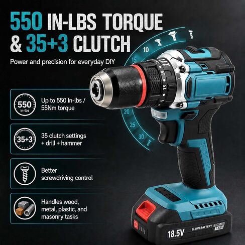 Brushless Cordless Drill Set, 1/2" Metal Chuck | Drill Driver Kit with 2 Batteries, Fast Charger, 550 In-lbs Torque, 35+3 Clutch, 2-Speed Power Drill for Home DIY in Kuwait