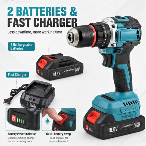 Brushless Cordless Drill Set, 1/2" Metal Chuck | Drill Driver Kit with 2 Batteries, Fast Charger, 550 In-lbs Torque, 35+3 Clutch, 2-Speed Power Drill for Home DIY in Kuwait
