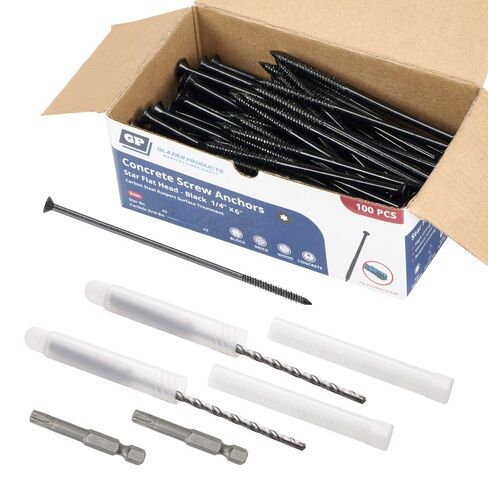 1/4" x 5" Concrete Screws, White Flat Head Countersunk Star Drive, 100 Pack w/ 2 Drill Bits & 2 Star Driver Bits Included - Heavy Duty Masonry Anchor Screws for Concrete, Brick, Block - Carbon Steel in Kuwait