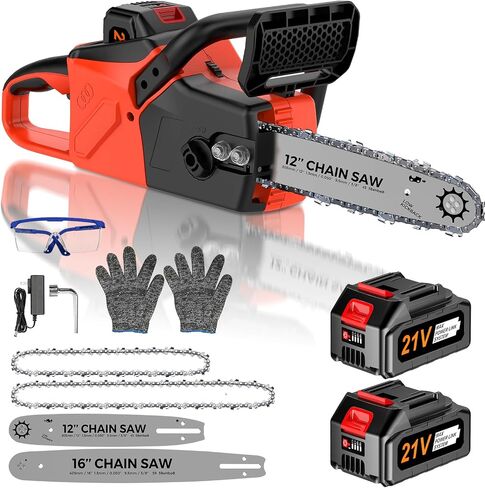 Battery Powered Chainsaw,12" & 16" Dual Guide Plate.21V Electric Cordless Chainsaw with 2 Batteries and Charger.Brushless Chain Saw Kit with Safety Goggles and Gloves for Tree Pruning and Wood Cutting in Kuwait