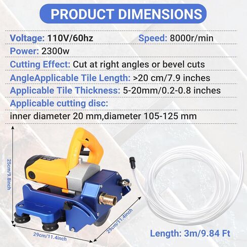 Electric Orbital Tile Cutter, 2300W Motor, 8000 RPM Grinder, 71" Cutting Length, Wet & Dry Blades, Bevel & Chamfer Cutting, Dual Guide Rails with Suction Cups, Water Pump & Tool Bag in Kuwait