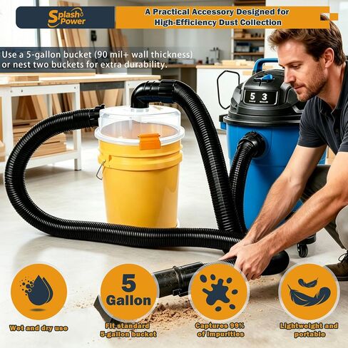 Low Profile Dust Separator for Shop Vac, Cyclone Dust Collector with 2-1/2 Inch Hose & 90° Elbow, High Efficiency Dust Collection System for Wet Dry Vacuum, Fits Standard 5 Gallon Buckets in Kuwait