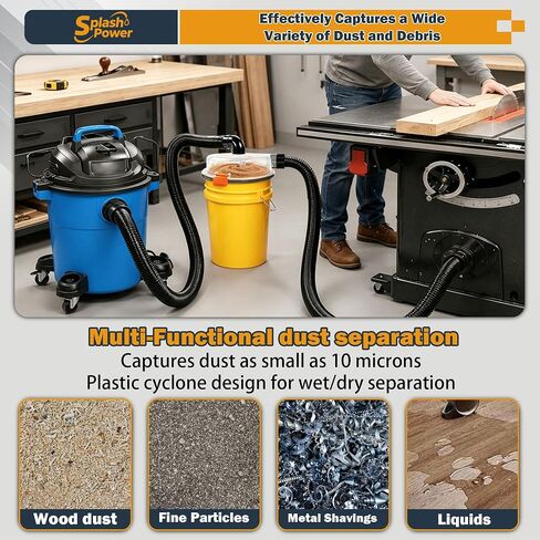 Low Profile Dust Separator for Shop Vac, Cyclone Dust Collector with 2-1/2 Inch Hose & 90° Elbow, High Efficiency Dust Collection System for Wet Dry Vacuum, Fits Standard 5 Gallon Buckets in Kuwait