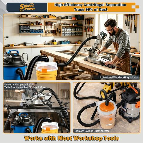 Low Profile Dust Separator for Shop Vac, Cyclone Dust Collector with 2-1/2 Inch Hose & 90° Elbow, High Efficiency Dust Collection System for Wet Dry Vacuum, Fits Standard 5 Gallon Buckets in Kuwait