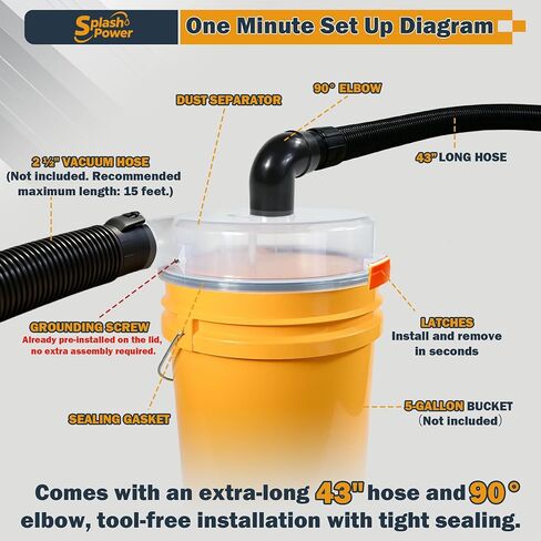 Low Profile Dust Separator for Shop Vac, Cyclone Dust Collector with 2-1/2 Inch Hose & 90° Elbow, High Efficiency Dust Collection System for Wet Dry Vacuum, Fits Standard 5 Gallon Buckets in Kuwait