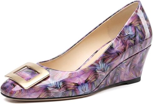 SKYSTERRY Women's Wedge Closed Toe Dress Shoes | Closed Square Toe Wedges, 2 Inch Low Heel Pumps, Patent Leather Slip On Work Wedding Party Pumps in Kuwait