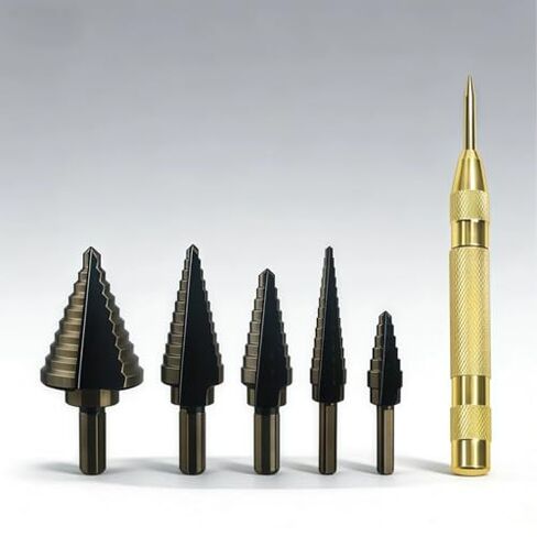 6 PCS Step Drill Bits, (50 Sizes) HSS Step Unibit Drill Set with Auto Center Punch Black and Gold, Double Cutting Blades HSS with Aluminum Case, Multi-Hole Stepped Up in Kuwait