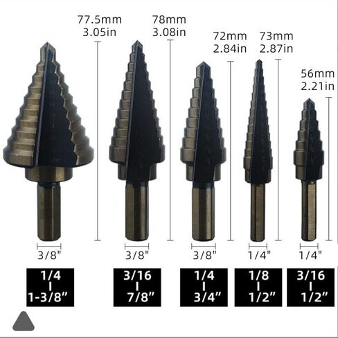 6 PCS Step Drill Bits, (50 Sizes) HSS Step Unibit Drill Set with Auto Center Punch Black and Gold, Double Cutting Blades HSS with Aluminum Case, Multi-Hole Stepped Up in Kuwait