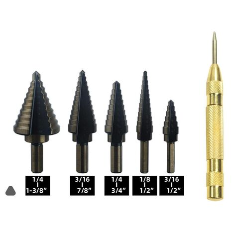 6 PCS Step Drill Bits, (50 Sizes) HSS Step Unibit Drill Set with Auto Center Punch Black and Gold, Double Cutting Blades HSS with Aluminum Case, Multi-Hole Stepped Up in Kuwait