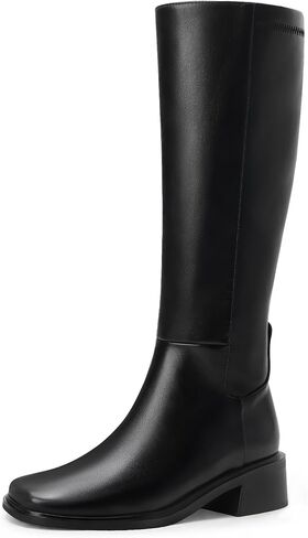 Women's Black Knee High Boots Square Toe Low Block Heel Side Zip | 1.65-inch Low Chunky Heel, Elastic Back Panel, Faux Leather Riding Boots, Slip-Resistant Sole, Women’s Casual & Dress Boots in Kuwait