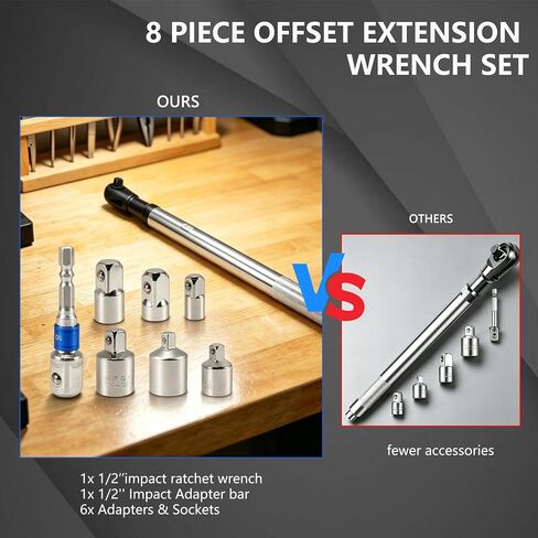 BASIKER 1/2'' Offset Extension Ratchet, Offset Extension Wrench Set with 6 Square Socket Adapters(3/8" 1/4" 1/2") and 1/2 Impact Adapter, for Tight Spaces Such as tight engine compartments in Kuwait