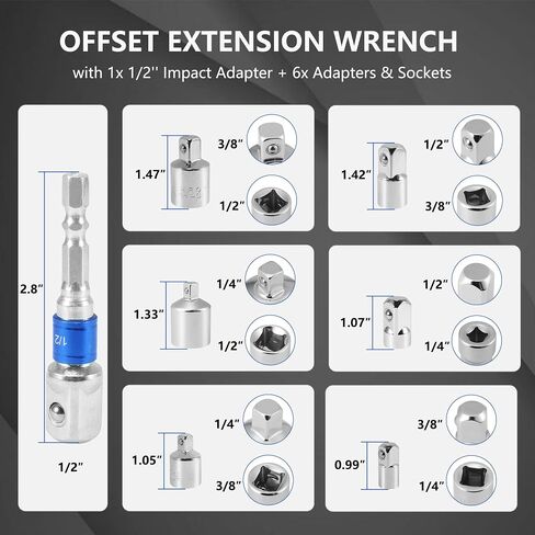 BASIKER 1/2'' Offset Extension Ratchet, Offset Extension Wrench Set with 6 Square Socket Adapters(3/8" 1/4" 1/2") and 1/2 Impact Adapter, for Tight Spaces Such as tight engine compartments in Kuwait