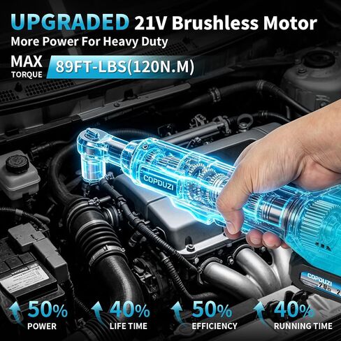 21V 3/8" Cordless Ratchet Wrench Set, 89 ft-lbs (120Nm) High Torque Brushless Electric Ratchet with 2 x 2.0Ah Battery and Charger, Power Ratchet Kit with 7 Sockets,1/4 Adaptor, 3"Extension Bar in Kuwait